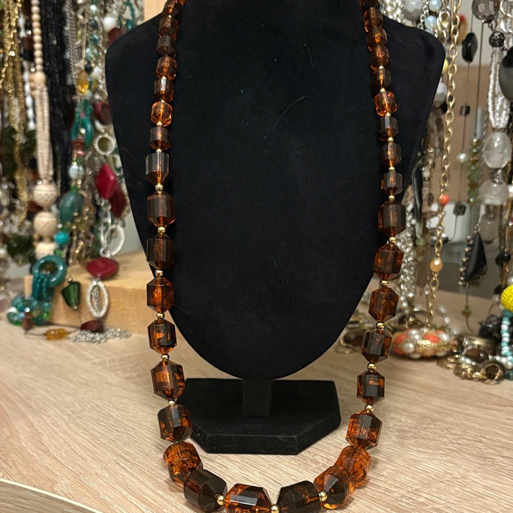 RARE translucent deep amber coloured cylindrical bead necklace, 1980s